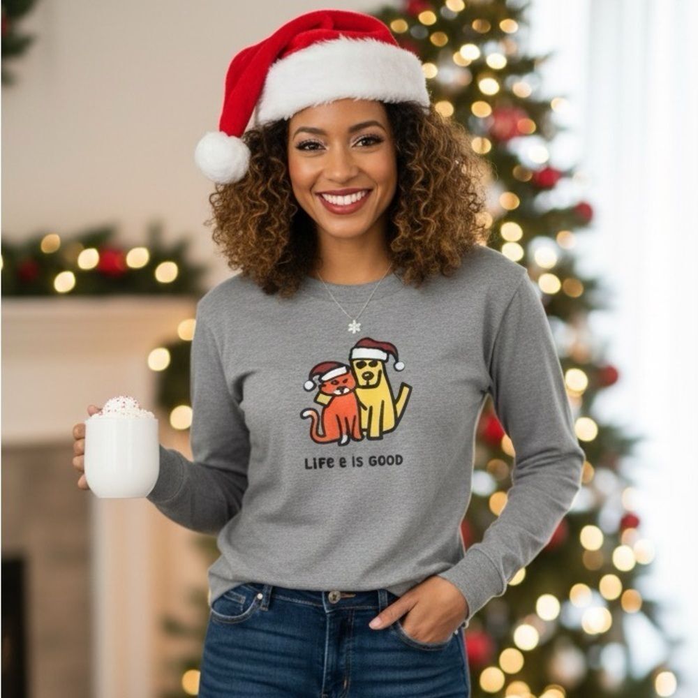 Life is Good Christmas Sweater Small Dog Cat Santa Hat Letterman Patch Holiday